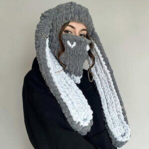 Women's Grey White Bunny Hat Knit Plush Long Ears Fluffy Cosplay Party Hat
